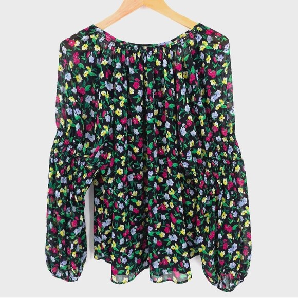 Ann Taylor Floral Balloon Sleeve Top XL Smocked Black Pink Chiffon Feminine - Picture 3 of 15
